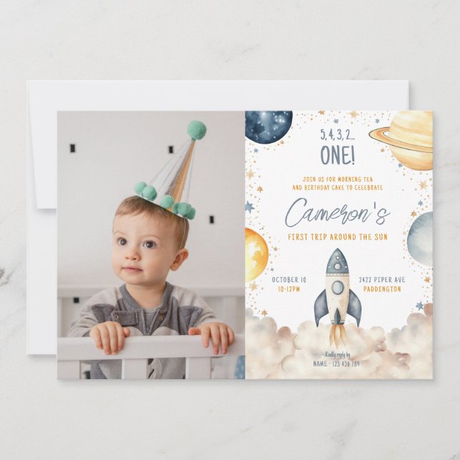 Invitación Primer Viaje Espacial Por La Fiesta Del Cumpleaños (Anverso)