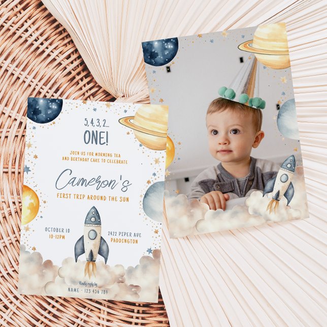Invitación Primer Viaje Espacial Por La Fiesta Del Cumpleaños (First Trip Around The Sun Space First Birthday Invitation )