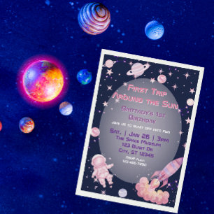 Invitación Primer Viaje, Espacio Rosa Púrpura Cumpleaños 1