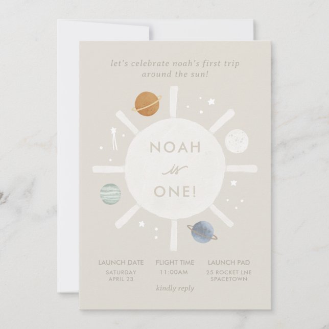 Invitación "Primer Viaje" Espacio Solar Primer Cumpleaños (Anverso)