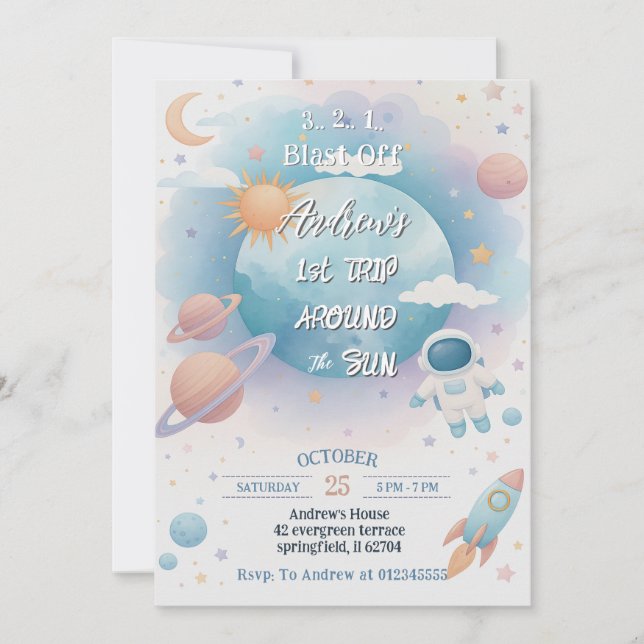 Invitación Primer viaje personal por el cumpleaños del sol (Anverso)