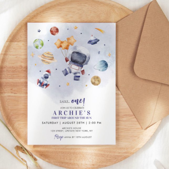 Invitación Primer viaje por el espacio astronauta por el cump (astronaut birthday invitations boy 1st birthday invitation template galaxy)