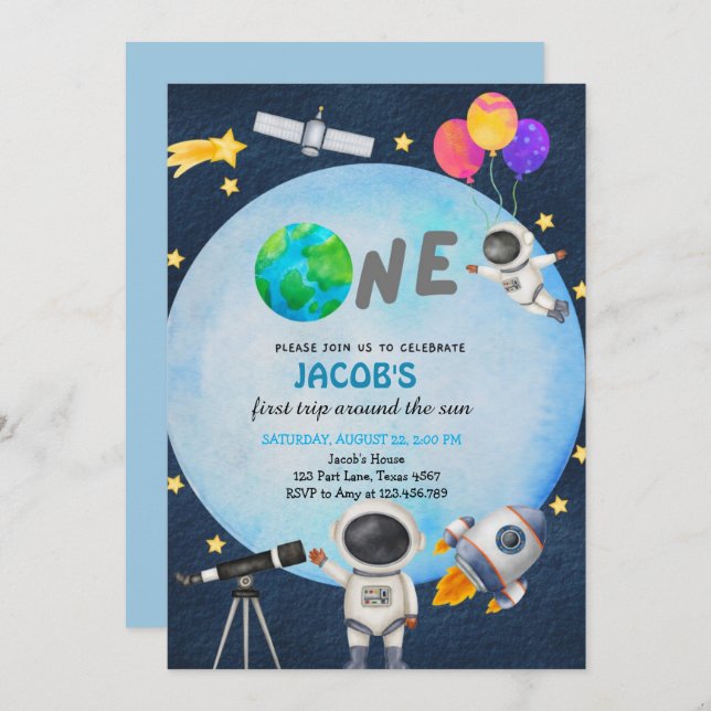 Invitación Primer viaje por el espacio astronauta por el cump (Anverso / Reverso)