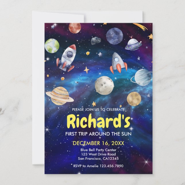 Invitación Primer viaje por el espacio de galaxia por el cump (Anverso)