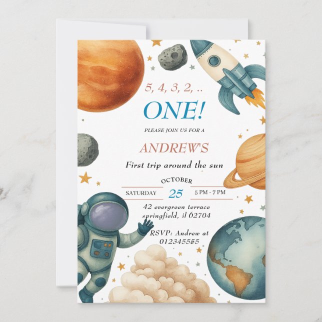 Invitación Primer viaje por la fiesta del cumpleaños del astr (Anverso)