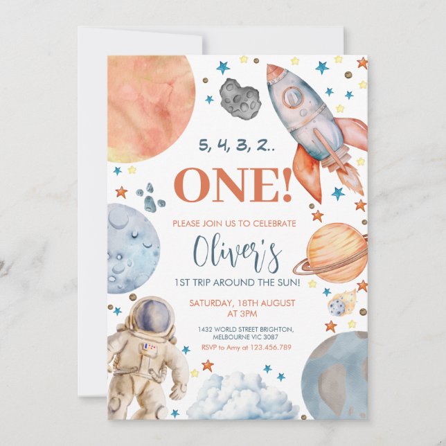 Invitación Primer viaje por la fiesta del cumpleaños del astr (Anverso)