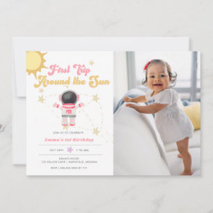 Invitación Primer viaje rosado alrededor del primer cumpleaño