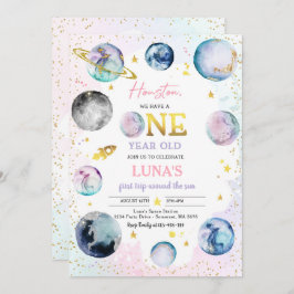 Invitación Primer Viaje Rosado De Chica De Cumpleaños Espacia