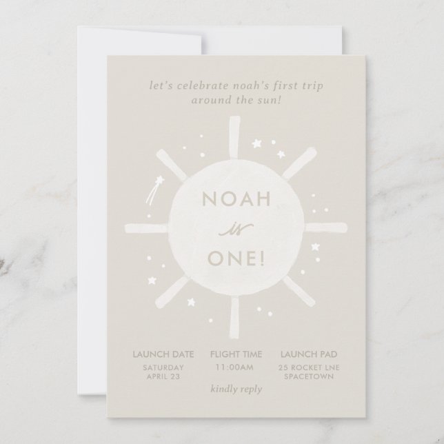 Invitación "Primer viaje" Sun Stars Space primer cumpleaños (Anverso)