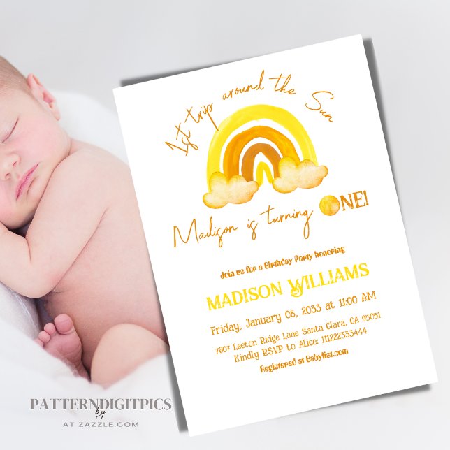 Invitación Primer viaje Sunshine Boho Yellow Rainbow Birday (Subido por el creador)