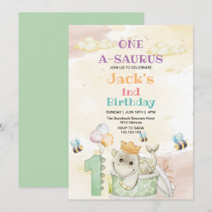Invitación Primera acuarela de cumpleaños de dinosaurios verd