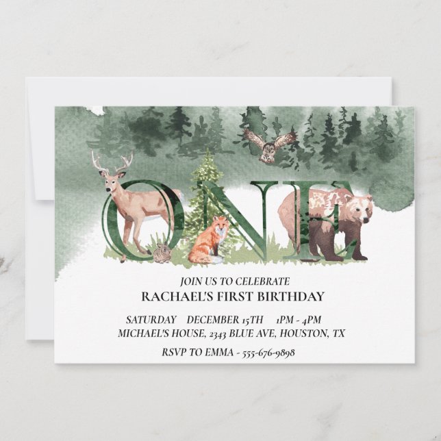 Invitación Primera acuarela de Woodland Bear Deer (Anverso)
