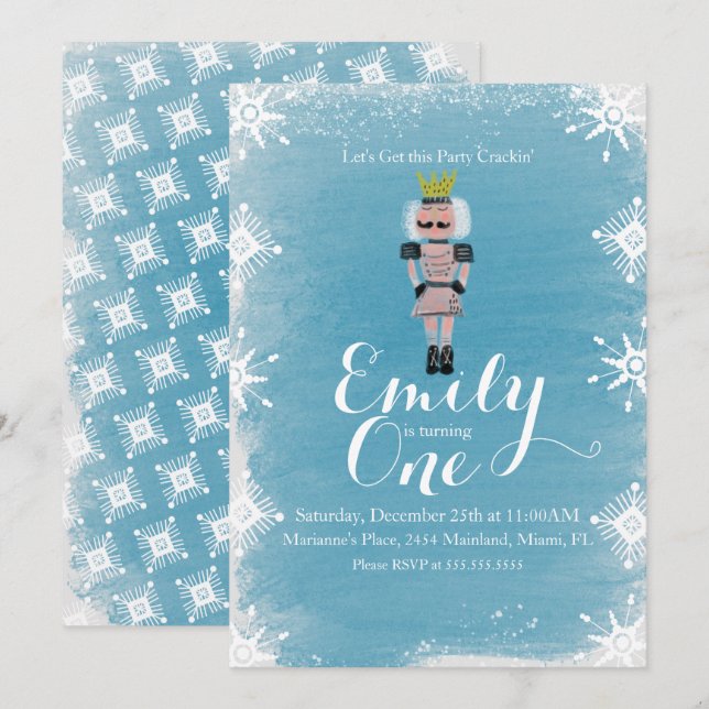 Invitación Primera acuarela nutcracker copos de nieve de cump (Anverso / Reverso)