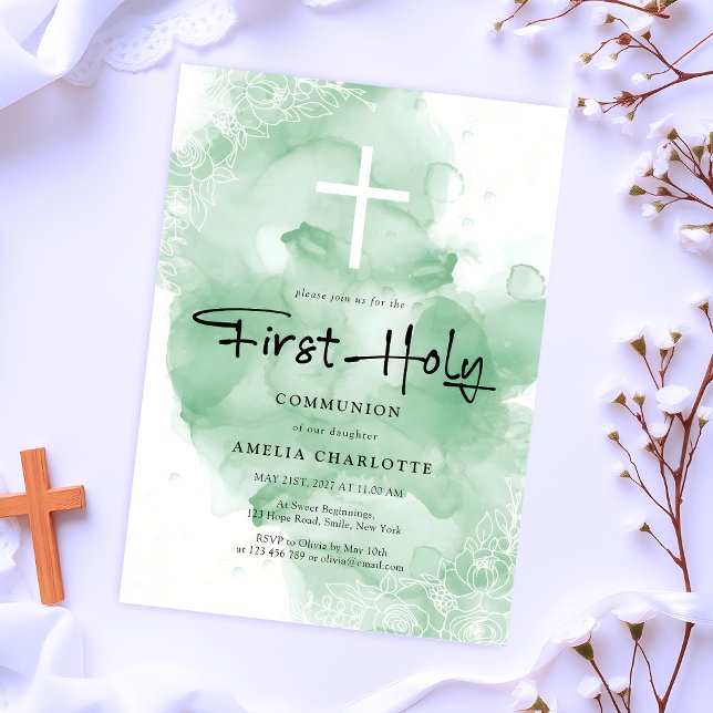 Invitación Primera acuarela verde de la comunión sagrada (Subido por el creador)