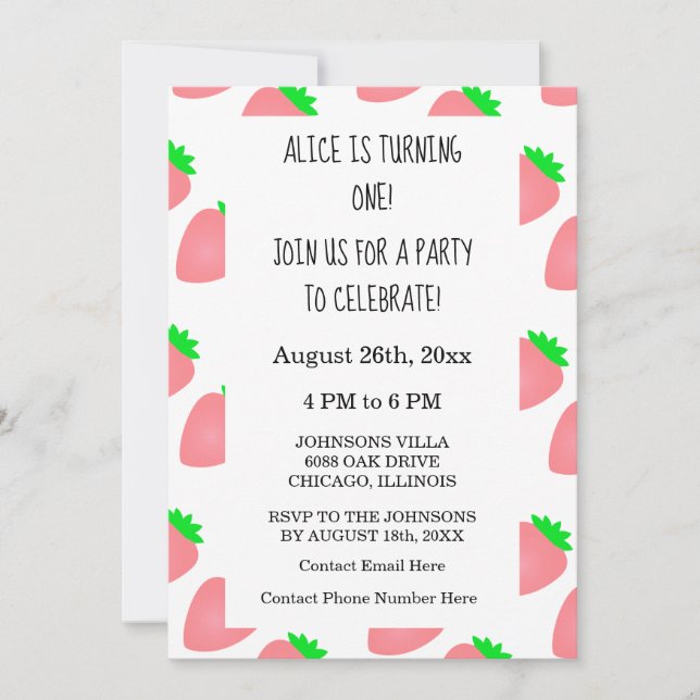 Invitación Primera bebé de cumpleaños Strawberry Pink Baby Gi (Anverso)