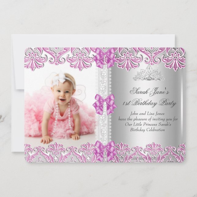 Invitación Primera Chica de cumpleaños Lilac Foto rosa Tiara  (Anverso)