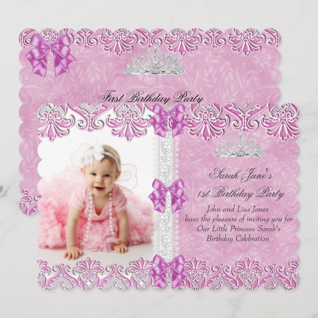 Invitación Primera Chica de cumpleaños Lilac Pink Photo Tiara (Anverso / Reverso)