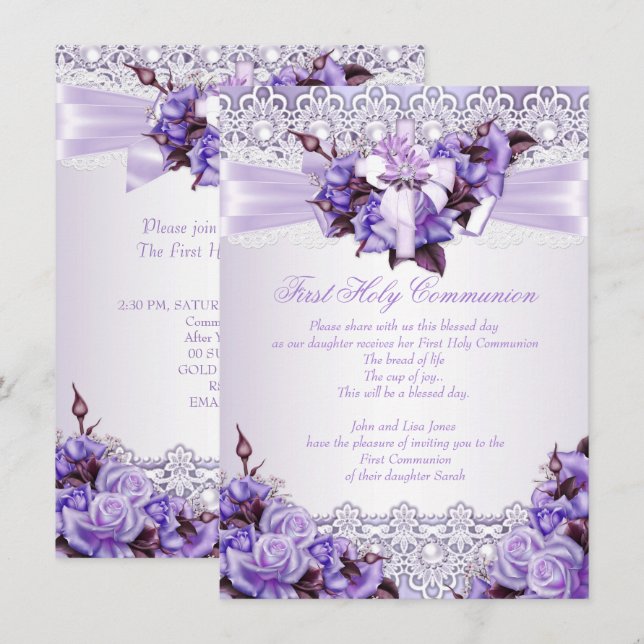 Invitación Primera Chica de la Santa Comunión Lilac Lavender  (Anverso / Reverso)