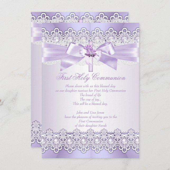Invitación Primera Chica de la Santa Comunión Lilac Lavender  (Anverso / Reverso)