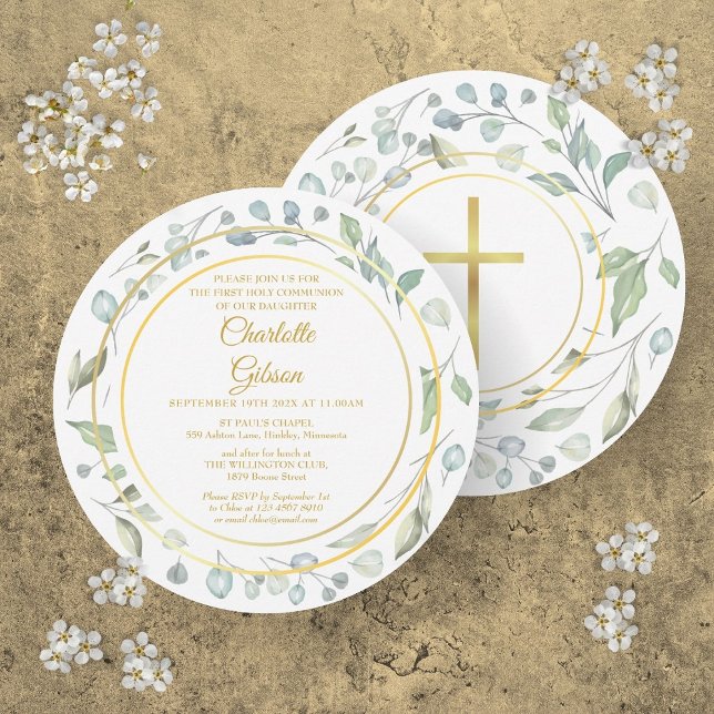 Invitación Primera Circular de Oro Laurel Garland (First Holy Communion Laurel Garland Gold Circular Invitation)