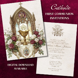 Invitación Primera CommunionChalice Anfitrión de Rosas Blanca