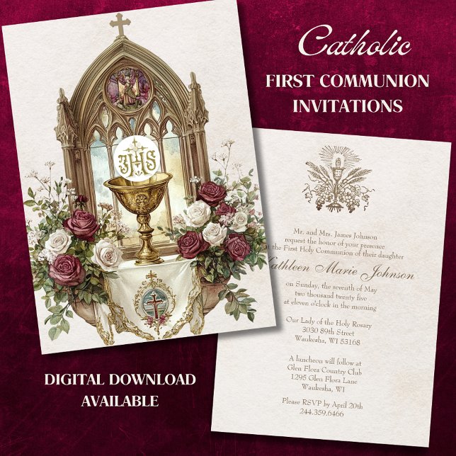 Invitación Primera CommunionChalice Anfitrión de Rosas Blanca (Subido por el creador)
