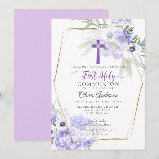 Invitación PRIMERA COMUNICACIÓN | Cruz Floral Violeta Anemona (Anverso / Reverso)