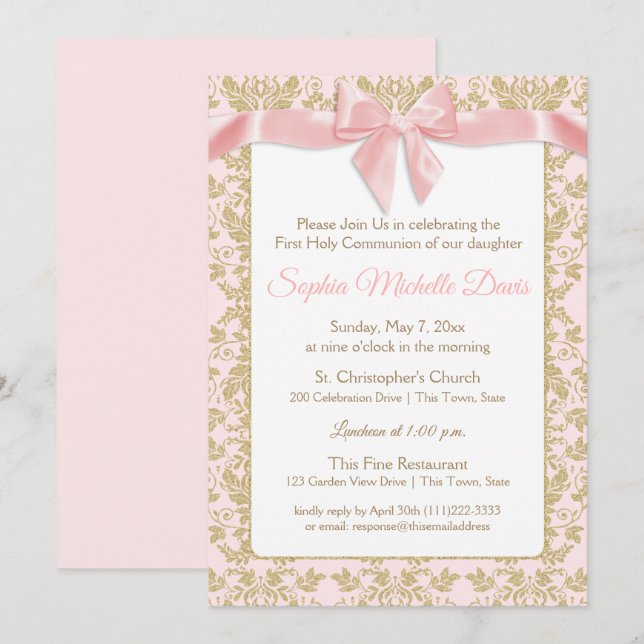 Invitación Primera comunicación de Bow rosa y Damask de oro (Anverso / Reverso)