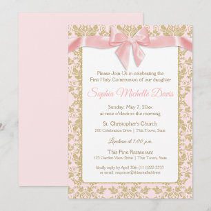 Invitación Primera comunicación de Bow rosa y Damask de oro
