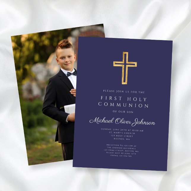 Invitación Primera comunicación de foto de Navy Blue Cross Bo (Navy Blue Cross Boy Photo First Communion Invitation)