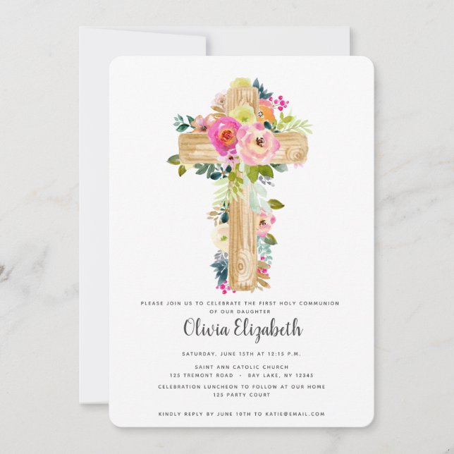 Invitación Primera comunicación de la Cruz Floral de acuarela (Anverso)