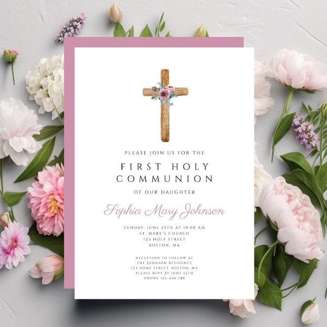 Invitación Primera comunicación de la Cruz Rosa Floral Cuta (Cute Floral Pink Cross First Communion Invitation)