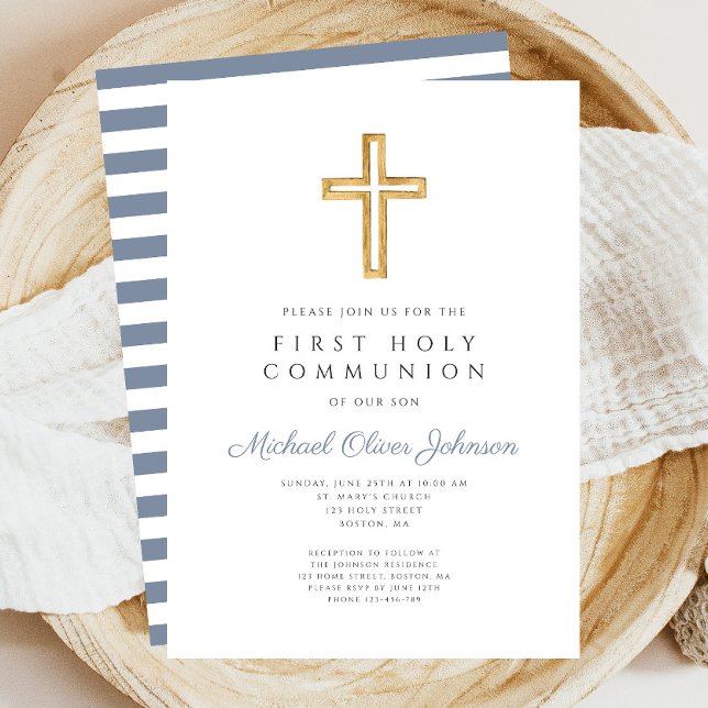 Invitación Primera comunicación de Modern Blue Cross Boy (Modern Blue Cross Boy First Communion Invitation)
