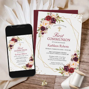 Invitación Primera comunicación del marco dorado floral de Ru