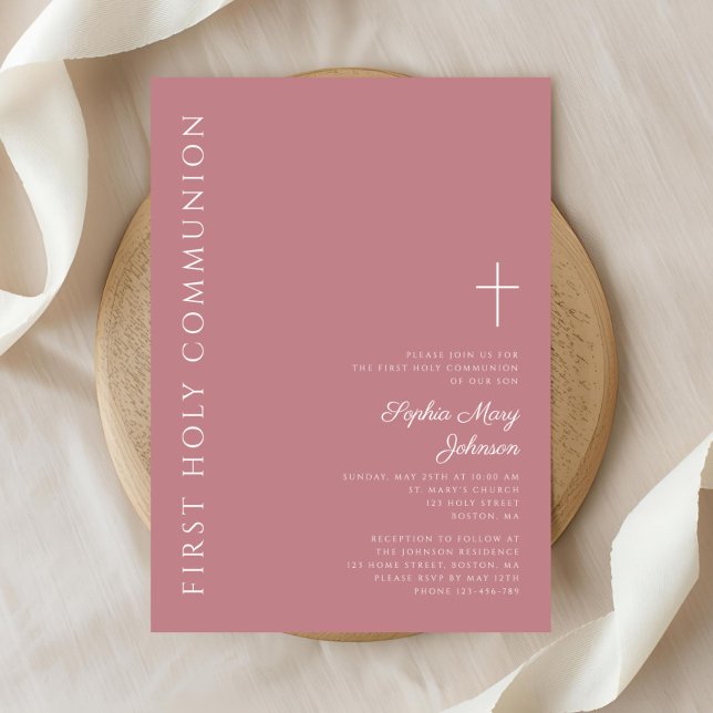 Invitación Primera comunicación entre Chicas rosados modernos (Modern Pink Cross Girl First Communion Invitation)