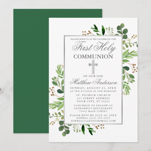 Invitación Primera Comunidad de Eucalyptus Greenery Silver (Anverso / Reverso)