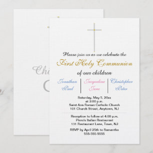 Invitación Primera comunidad sagrada trilliza oro azul rosado