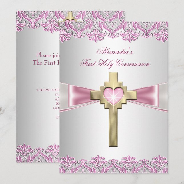 Invitación Primera Comunión 1ª Cruz de Oro Niñas Rosa (Anverso / Reverso)