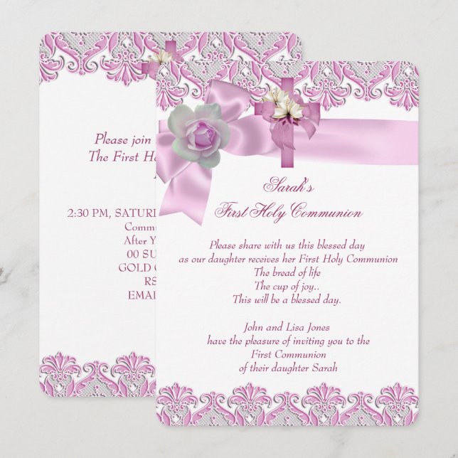Invitación Primera Comunión 1ª Cruz Niñas Blanco Rosa 2 (Anverso / Reverso)