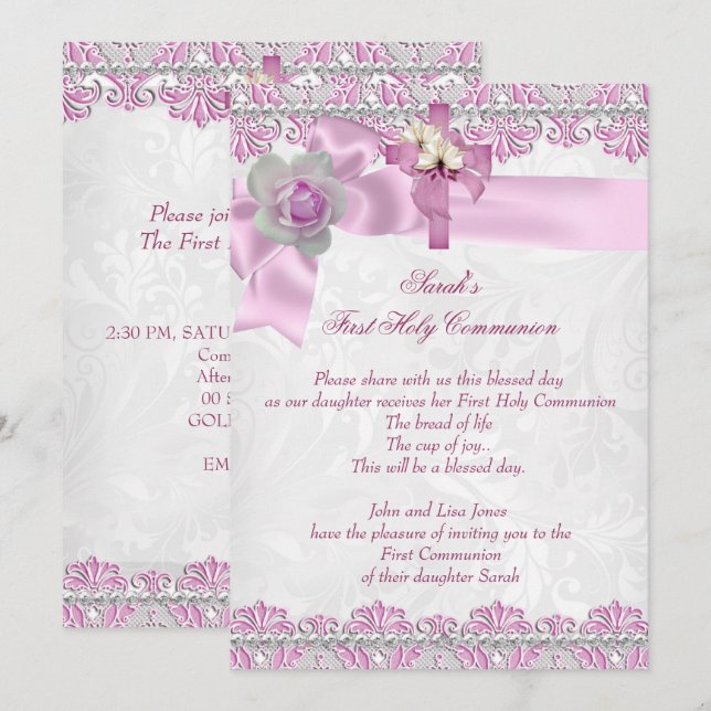 Invitación Primera Comunión 1ª Cruz Niñas Blanco Rosa 2 (Anverso / Reverso)
