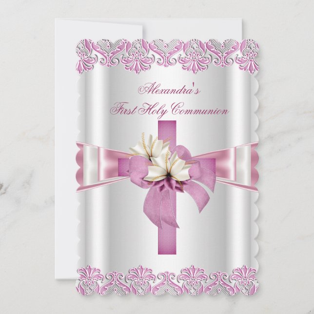 Invitación Primera Comunión 1ª Cruz Niñas Blanco Rosa S (Anverso)