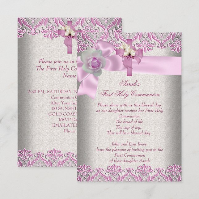 Invitación Primera Comunión 1ª Cruz Niñas Crema Rosa (Anverso / Reverso)