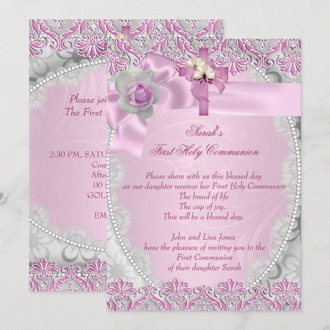 Invitación Primera Comunión 1ª Cruz Niñas Encaje Rosa (Anverso / Reverso)