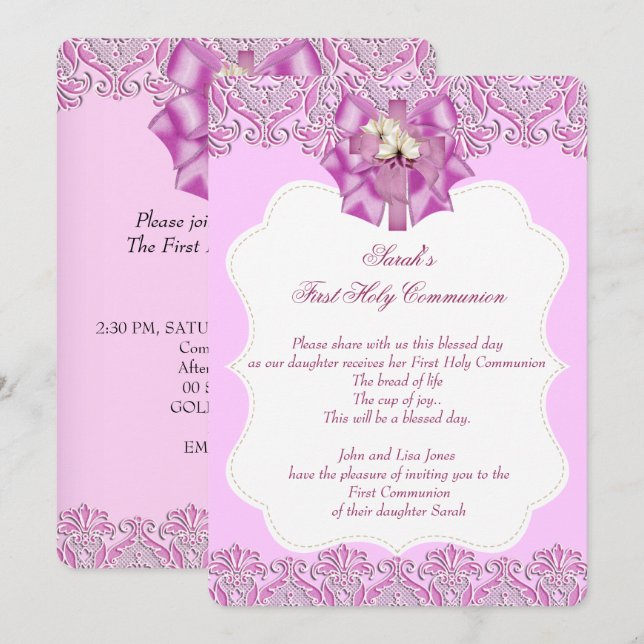 Invitación Primera Comunión 1ª Cruz Niñas Encaje Rosa (Anverso / Reverso)