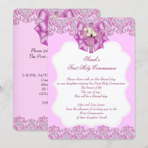 Invitación Primera Comunión 1ª Cruz Niñas Encaje Rosa
