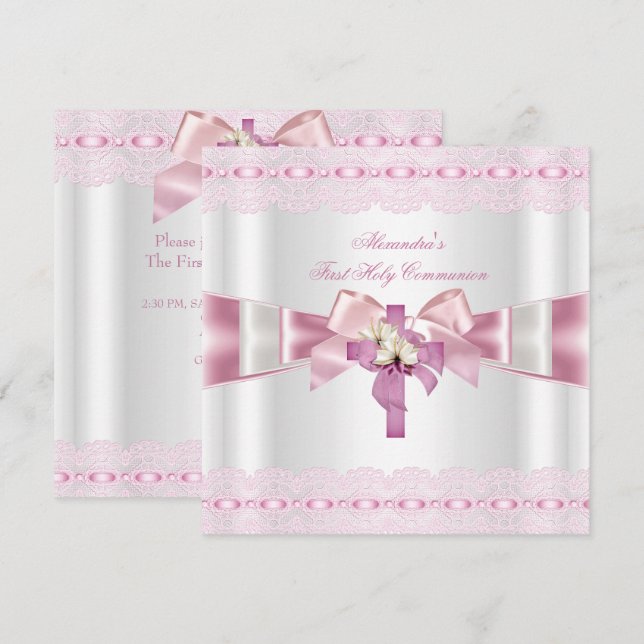 Invitación Primera Comunión 1ª Niñas Blanco Rosa Encaje 2 (Anverso / Reverso)