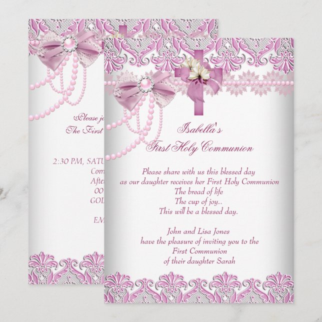 Invitación Primera Comunión 1ª Niñas Rosa Perla Encaje (Anverso / Reverso)