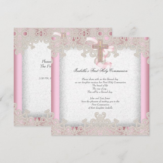Invitación Primera Comunión 1er Cruces de Niñas Rosa 7 (Anverso / Reverso)