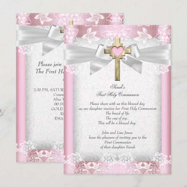 Invitación Primera Comunión 1er Cruces Niñas Rosa 6 (Anverso / Reverso)