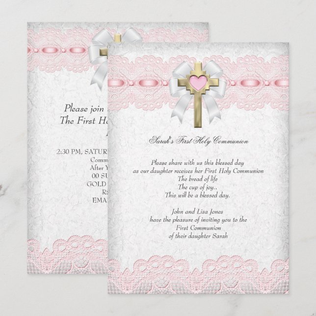 Invitación Primera Comunión 1er Crucifijo Niñas Cruz Rosa 9 (Anverso / Reverso)